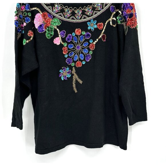 vintage 80s BEADED SEQUINS SWEATER tunic shoulder pads colorful floral 2X - Picture 7 of 8